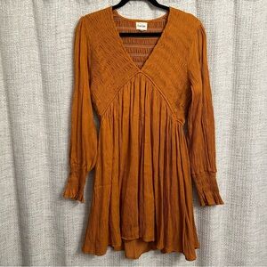 Peach Love V-Neck Long Sleeve Smocked Shimmer Boho Dress Burnt Orange Rust Large